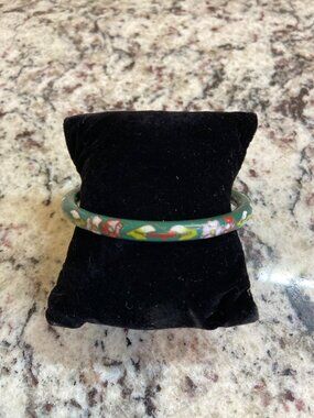 Vintage Chinese Cloisonne Bangle Bracelet Green Floral Enamel Boho Chinoiserie
